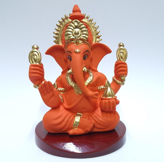 Handcrafted Poly Resin Ganesha Statue with Base - Perfect for Car Dashboard, Office Desk, Shelves, and Home Decor - Ideal Housewarming Gift! (4HandOrangeTerracottaMDf)