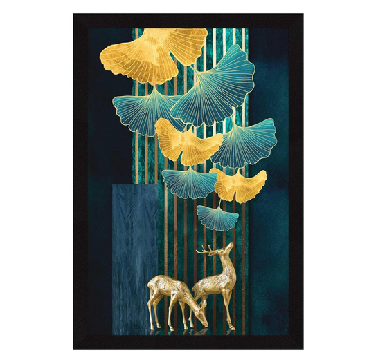 Golden Deer Wall Decor Paintings with Frame for Home Decoration - Painting for Living Room - Framed Painting for Wall Decoration, 12.0 X 18.0 inches, Set Of 1