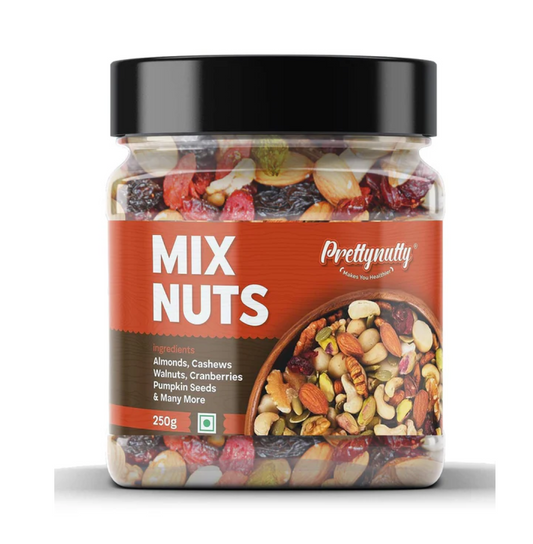 PrettyNutty Healthy Nutmix 250g, Dried Almonds, Black Raisins, Cashewnuts, Cranberries, Green Raisins, Walnut Kernels & Many More.