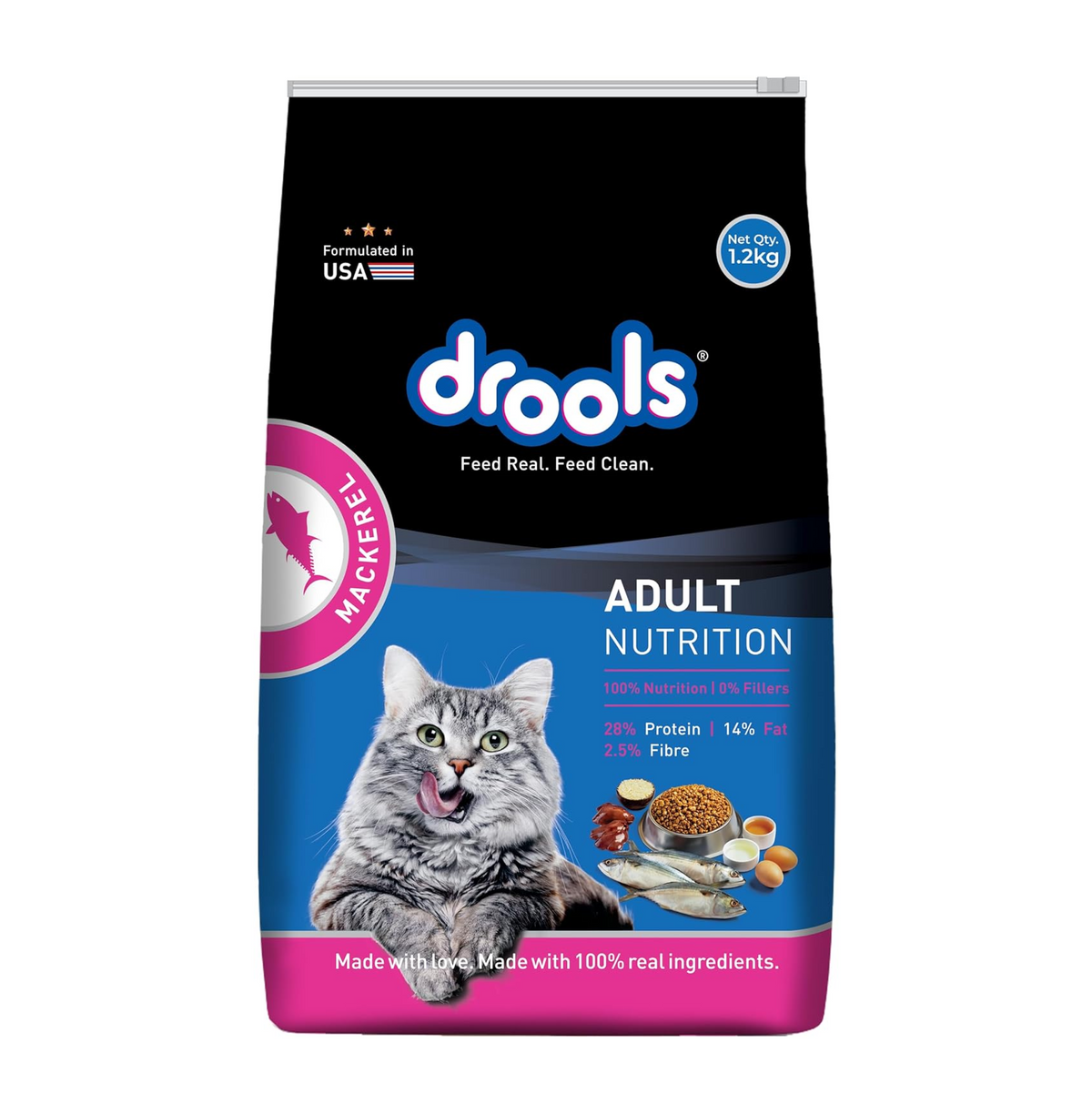 Drools Adult Dry Cat Food 1.2kg Pack | Mackerel Flavour | Enriched with Essential Nutrients | Supports Skin & Coat | Complete Nutrition | Aids Digestion | Promotes Growth