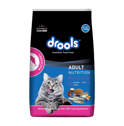 Drools Adult Dry Cat Food 1.2kg Pack | Mackerel Flavour | Enriched with Essential Nutrients | Supports Skin & Coat | Complete Nutrition | Aids Digestion | Promotes Growth