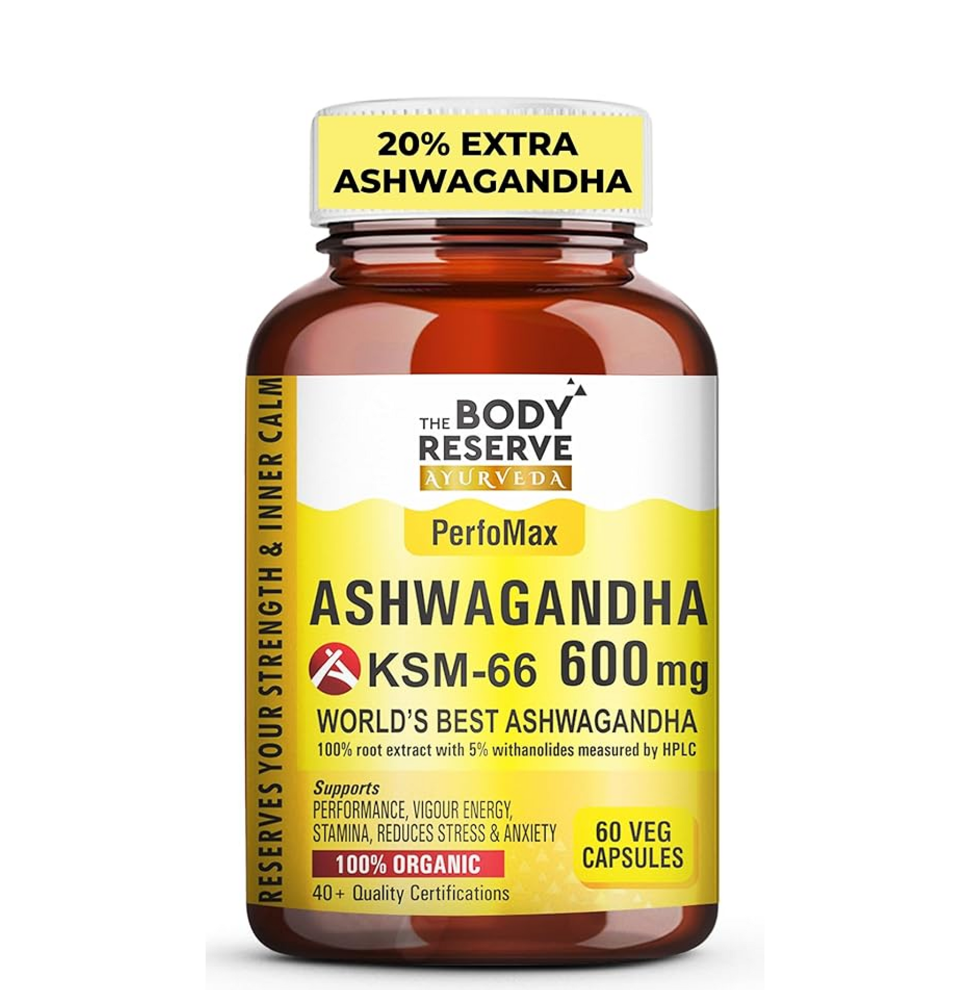 Body Reserve Ayurveda Ashwagandha KSM-66 supplement bottle on a white background