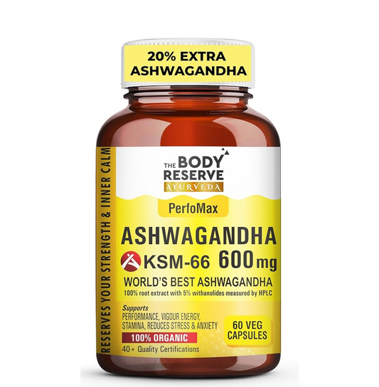 Body Reserve Ayurveda Ashwagandha KSM-66 supplement bottle on a white background