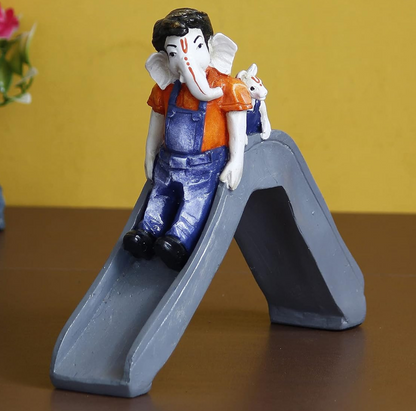 Handcrafted Polyresin Lord Ganesha Idol Enjoying Slide with Mushak Decorative Showpiece - Perfect for Home Decor and Children's Gift - Ideal for Festive Occasions, Car Dashboard, Office