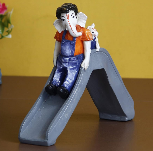 Handcrafted Polyresin Lord Ganesha Idol Enjoying Slide with Mushak Decorative Showpiece - Perfect for Home Decor and Children's Gift - Ideal for Festive Occasions, Car Dashboard, Office