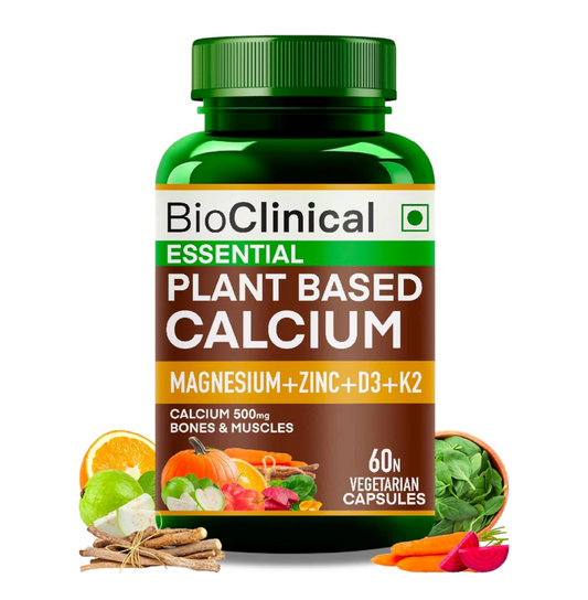 BioClinical 500mg Plant Calcium Magnesium Zinc Vitamin D3 + K2 for Joint Support & Bone Health -100% Plant Based Supplement -Made with Natural Ayurvedic Herbs & Plant Extracts - 60 Veg Capsules