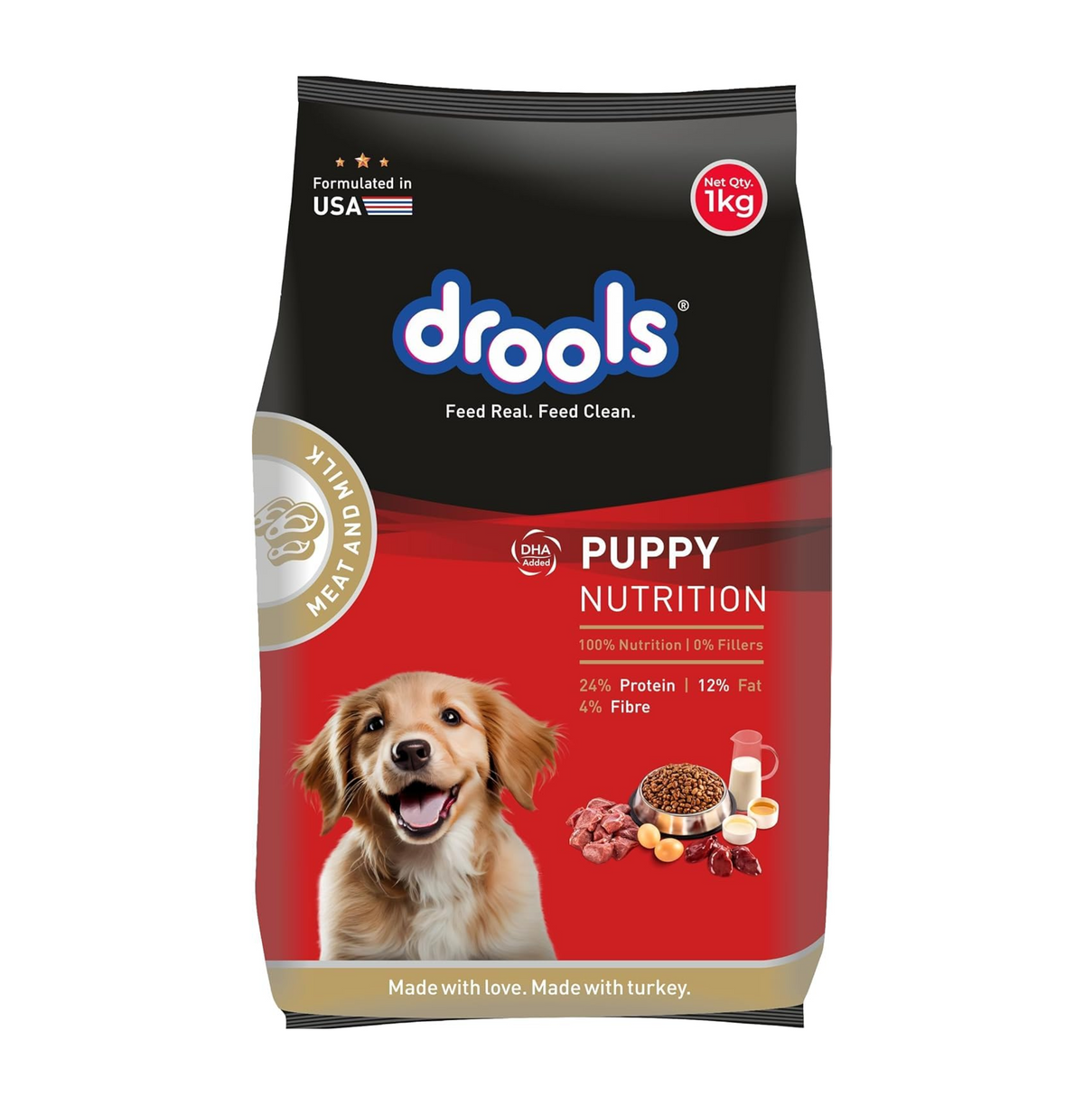 Drools Puppy Dry Dog Food 1kg | Meat and Milk Flavour | Supports Healthy Brain Development and Cognitive Function | Antioxidants | Chelated Minerals | Better Bioavailability of Minerals