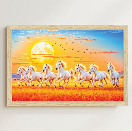 7 Horses Painting With Frame, White Running Horses Painting Vastu With Rising Sun, Wall Decor, Multicolor, Nature, 18.0 X 12.0 inches, Set of 1