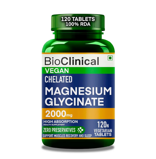 BioClinical Magnesium Glycinate Supplement 2000mg 120 Veg Tablets -High Absorption Chelated Magnesium Supplement Supports in Muscle Recovery, Sleep & Nerve Health for Men & Women -Zero Preservatives