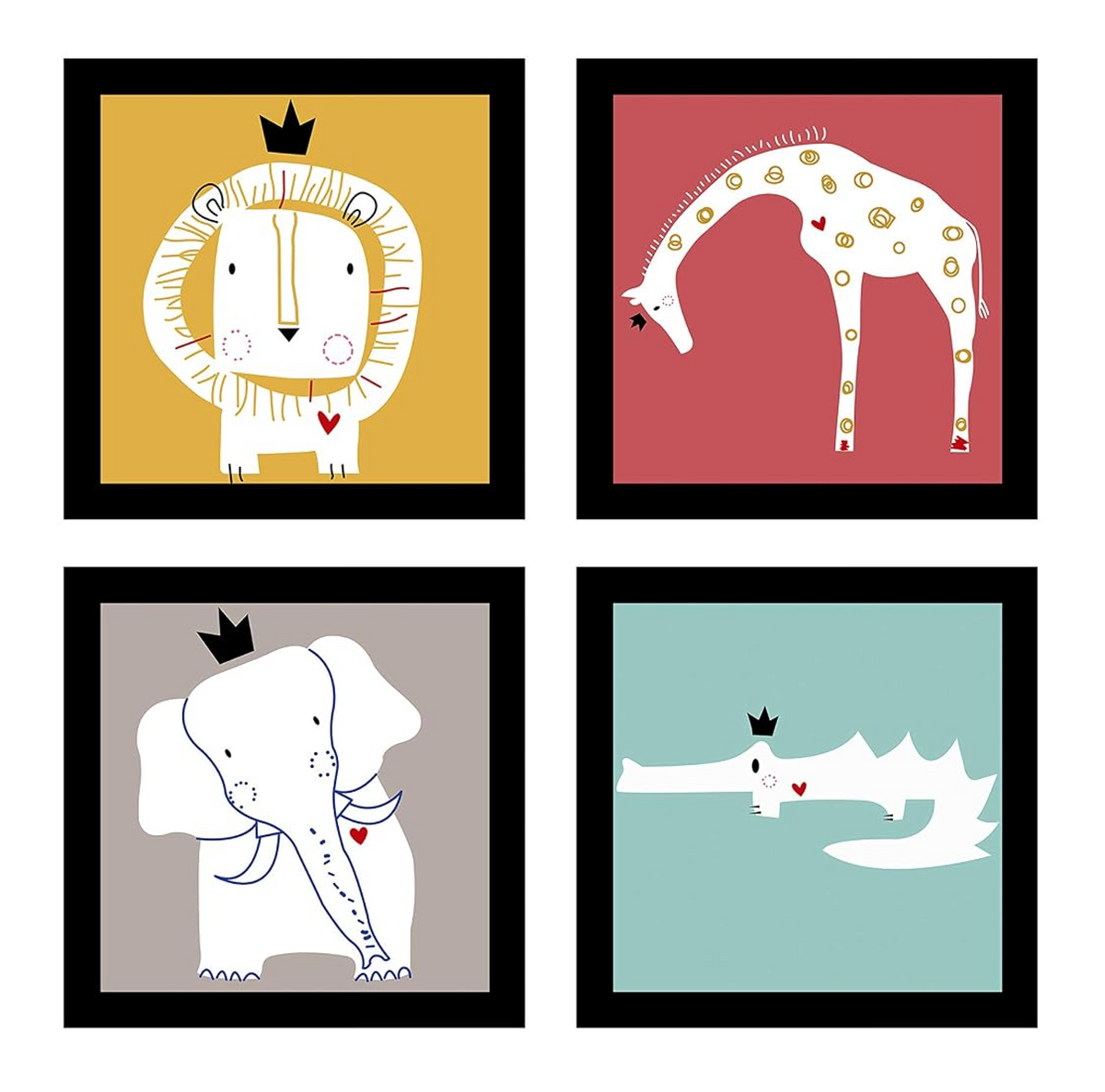 Animal cartoon wall art painting for living room, kids Framed Painting for kids room, set of 4, 9x9 Inch