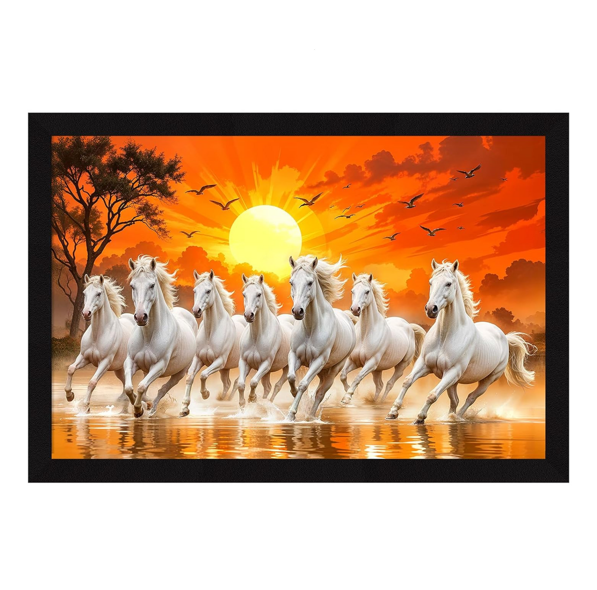 7 Horses Vastu Frame Wall Art Painting, Seven White Running Horses