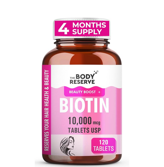 Bottle of Biotin supplements with a 4 months supply label on a white background