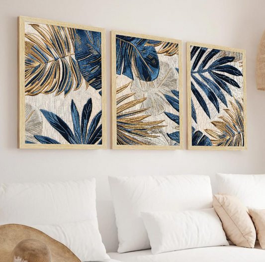 Leaf Paintings For Wall Decoration, Home Decor Wall Art, Hotel Wall Painting for Living Room, Multicolor, Natural Wood Color Frames, 12.0 x 18.0 inch, Set of 3
