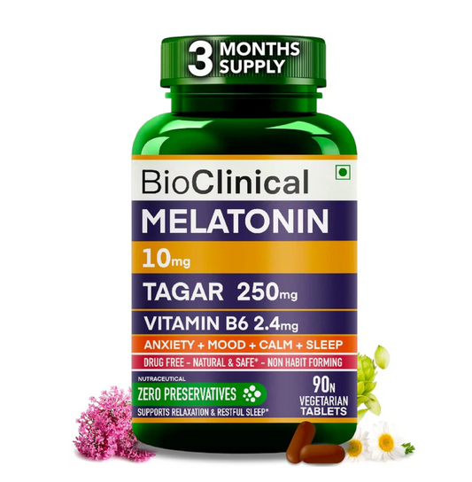 BioClinical Melatonin 10mg Sleeping Pills for Deep Sleep - 90 Veg Tablets - Sleep Supplement for Men & Women with 250 mg Tagara -PureVe Forte Medicine Tablet- Ayurvedic, Natural & Non Habit Forming