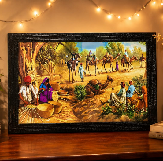 Wood Village Scene Art Framed Painting| Ready To Hnag - (13.5 X 19.5 Inch, Multicolor)
