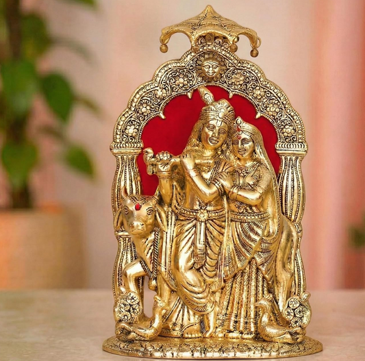 KridayKraft Metal Radha Krishna Idol with Cow Decorative Showpiece Statue for Puja Room Home Office Desk Gift Items Ornate Metal Sculpture of Hindu Deities (Height 33 CM)