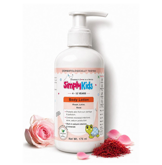 Simply Kids Body Lotion 175ml | For Ages 4-12 | Shea & Kokum Butter, Olive Oil, Saffron & Niacinamide | Moisturizes Dry & Dull Skin | Hypoallergenic | Dermatologically Tested | All Skin Types