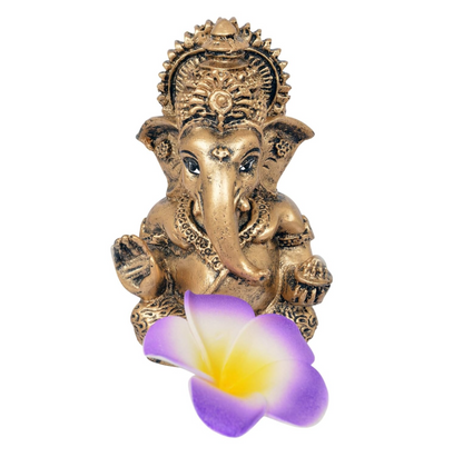 Classic Antique Gold Ganesha Idol with Decorative Foam Flower – 3.5 Inch Handcrafted Polyresin Ganpati for Car Dashboard, Home Mandir & Office – Metallic Finish Auspicious Gift (Antique Gold)