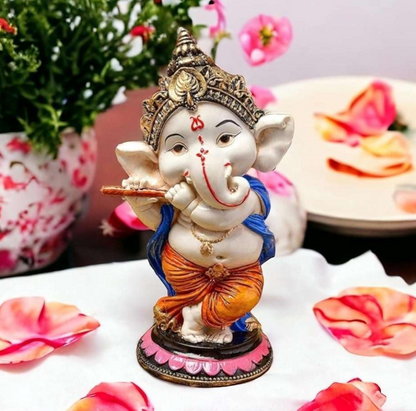 Handcrafted Resin Flute Ganesha Idol Showpiece for Home Decor Office Dashboard Temple Spiritual Gift Figurine 15 cm