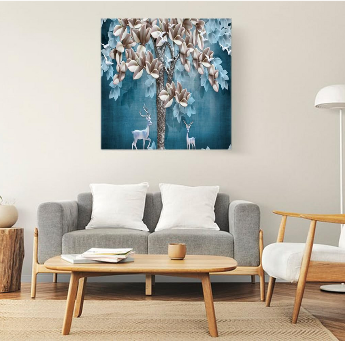 Printed Framed Canvas Painting for Home Decor Office Wall Studio Wall Living Room Decoration (22x22inch Wrapped) - Tree & Deer 3D