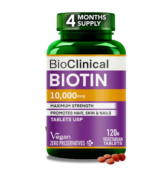 BioClinical Biotin Tablets for Hair Growth - Biotin 10000mcg for Hair,Skin & Nails - Supplement for Men & Women Hair Growth - Vegan Vitamin B 7 -PureVe Forte Medicine -120 Veg Tablets