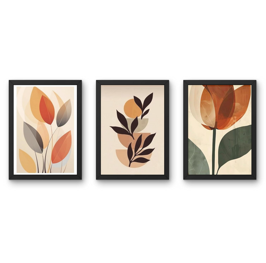 Flowers Boho Wall Paintings – Set of 3 (9 x 12 Inch Each) | Large Framed Wall Art for Living Room & Bedroom | Multicolour Floral Decor for Modern Interiors