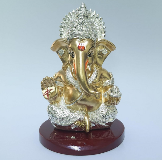 Handcrafted Poly Resin Ganesha Statue with Base - Perfect for Car Dashboard, Office Desk, Shelves, and Home Decor - Ideal Housewarming Gift! (MUKUTGOLD-SIL-ANTIQUEMDF 3" 5)