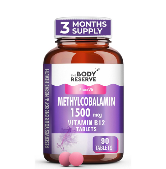 Bottle of Methylcobalamin tablets with a purple label on a white background