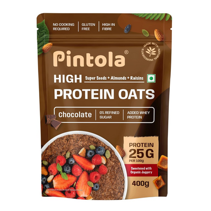 PINTOLA 25g High Protein Oats 400g, Dark Chocolate,No Refined Sugar, with Almonds Raisin, Pumpkin and Chia Seeds, 8g Fibre, Rolled Oats for weight loss, Breakfast Cereals | Gluten Free