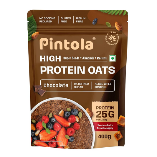 PINTOLA 25g High Protein Oats 400g, Dark Chocolate,No Refined Sugar, with Almonds Raisin, Pumpkin and Chia Seeds, 8g Fibre, Rolled Oats for weight loss, Breakfast Cereals | Gluten Free