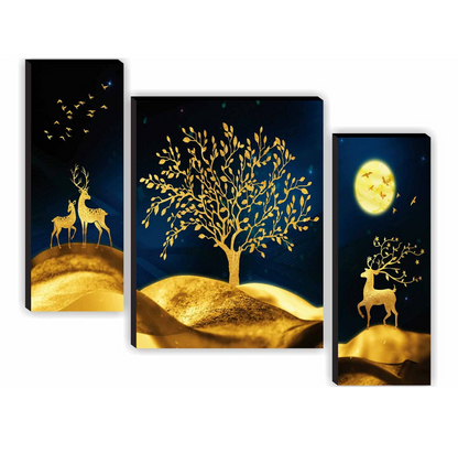 Set of 3 Deer with Tree Modern Art UV Textured Home Decorative Gift Item Self Adeshive Painting 18 Inch X 12 Inch SANFJM31009