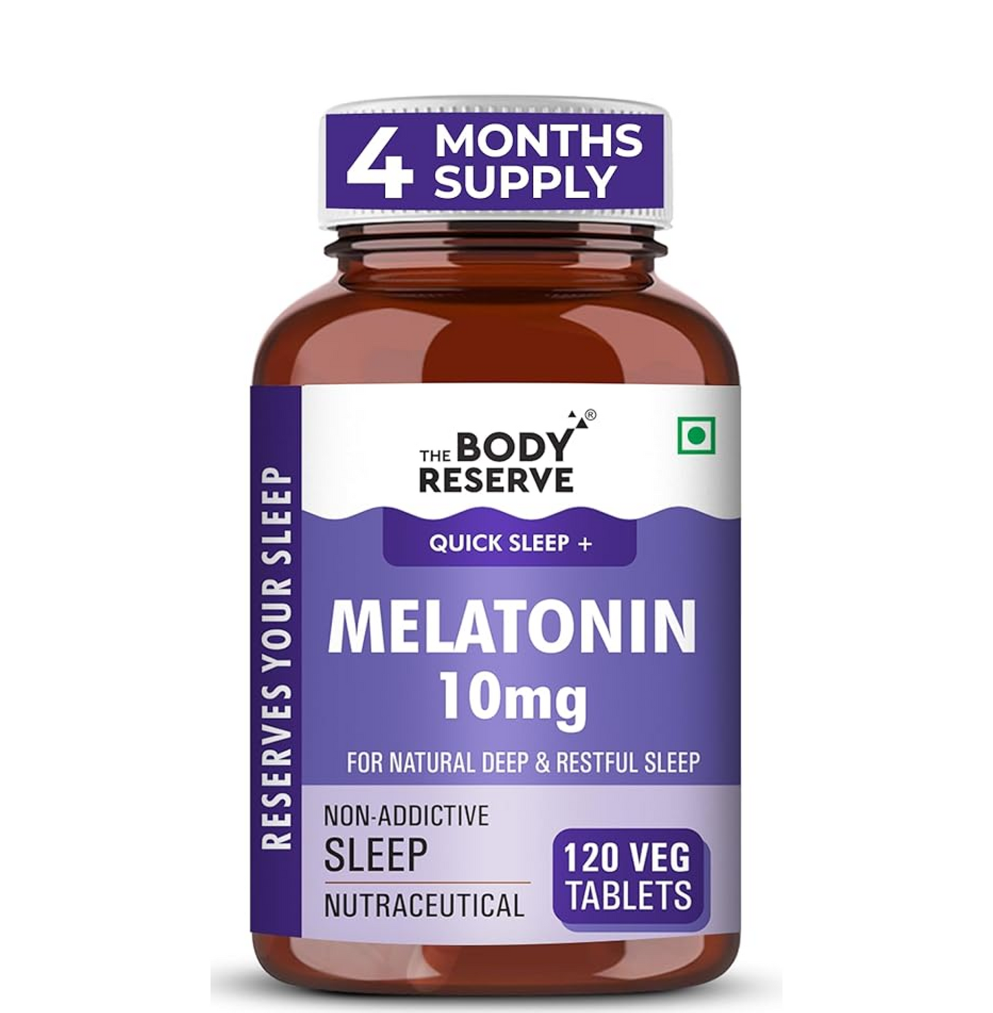 Bottle of The Body Reserve Melatonin 10mg supplement on a white background