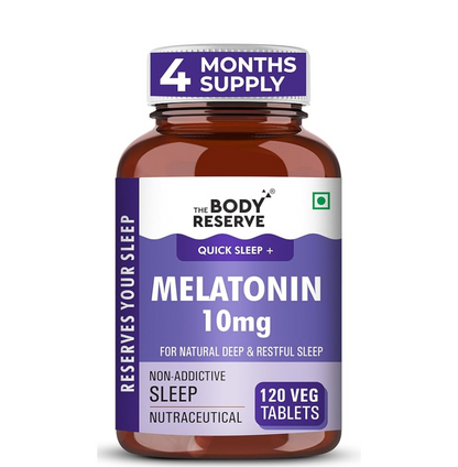 Bottle of The Body Reserve Melatonin 10mg supplement on a white background