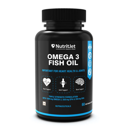 NutritJet Omega 3 Fish Oil 1000mg High Strength with 550 mg EPA and 350 mg DHA for Healthy Heart, Joint Care, Better Skin & Bones Health - 60 Softgels