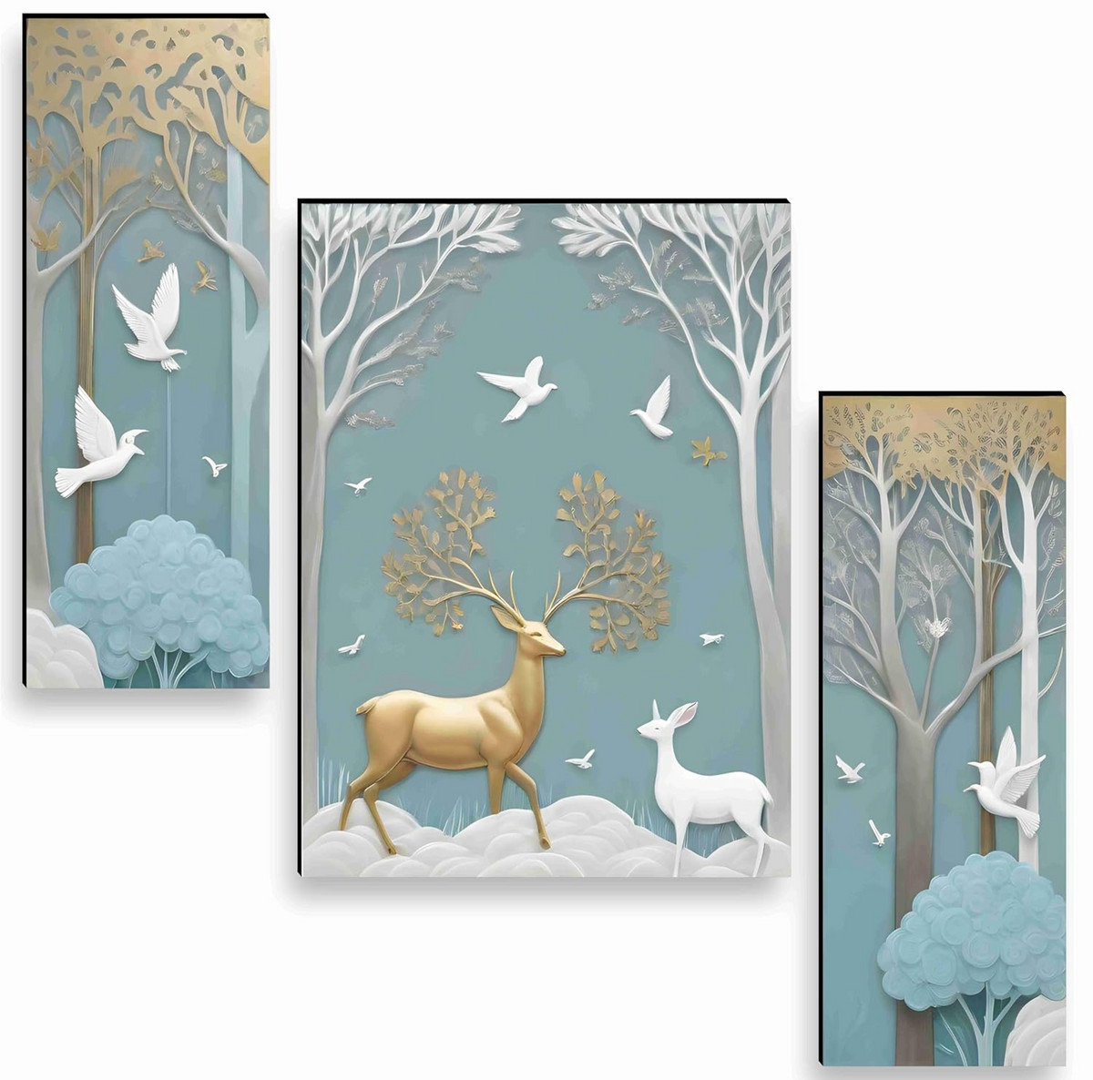 deer Paintings for Wall Decoration - Set Of 3, 3d modern art Painting for Living Room Large Size with Frames for Home, Office painting 50.8 cm x 30.48 cm SANFJM36036-Engineered Wood