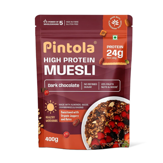 Pintola High Protein Muesli Dark Chocolate & Cranberry 400g, 24g Protein, High Fibre, Trans Fat Free with Brown Sugar, Real Fruits, Muesli for Breakfast Food, Muselies Fruit Nuts and Seeds (400g)