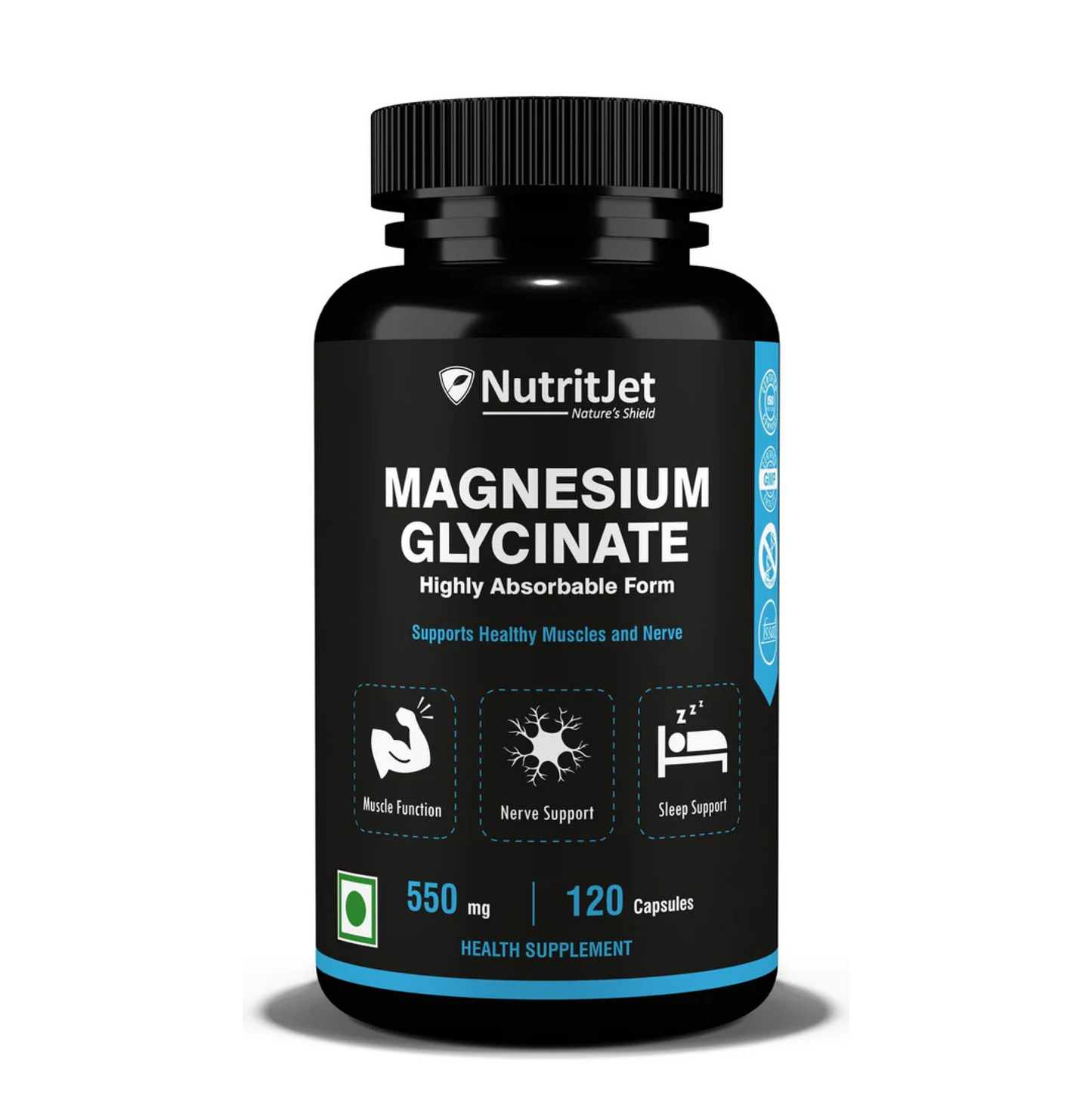NutritJet Magnesium Glycinate 550mg – 120 Veg Capsules | High Absorption Chelated Magnesium for Sleep, Muscle Cramps, Relaxation & Nerve Health | Gentle on Stomach