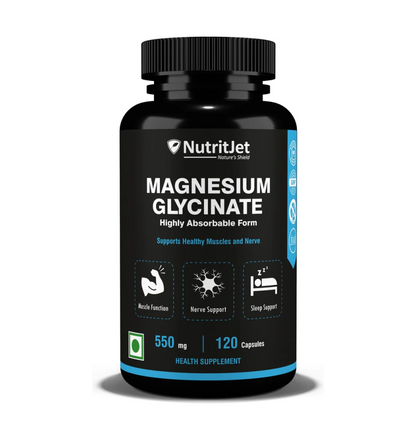 NutritJet Magnesium Glycinate 550mg – 120 Veg Capsules | High Absorption Chelated Magnesium for Sleep, Muscle Cramps, Relaxation & Nerve Health | Gentle on Stomach