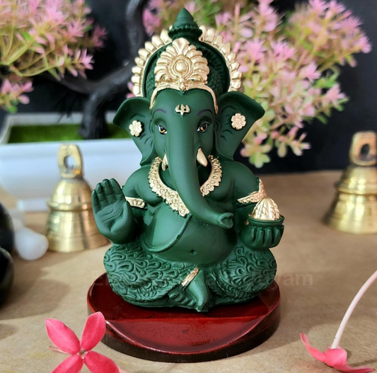 Handcrafted Poly Resin Ganesha Statue with Base - Perfect for Car Dashboard, Office Desk, Shelves, and Home Decor - Ideal Housewarming Gift! (ForestGreenMukut)