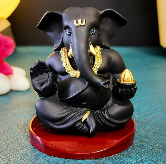 Handcrafted Poly Resin Ganesha Statue with Base - Perfect for Car Dashboard, Office Desk, Shelves, and Home Decor - Ideal Housewarming Gift! (AppuBlackwithbase)