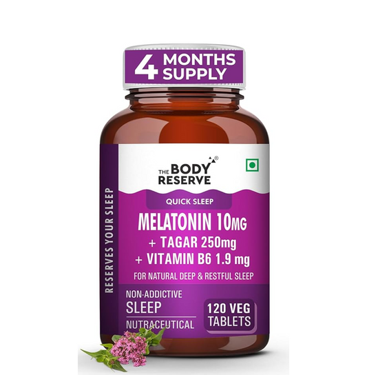 Body Reserve Melatonin supplement bottle with purple label on a white background