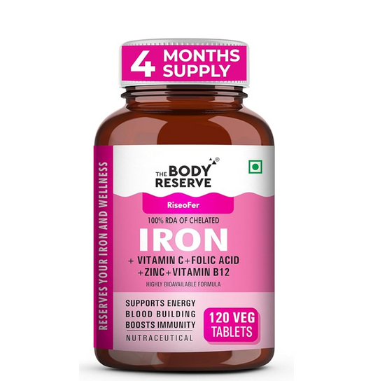 Body Reserve Iron supplement bottle with pink label on a white background