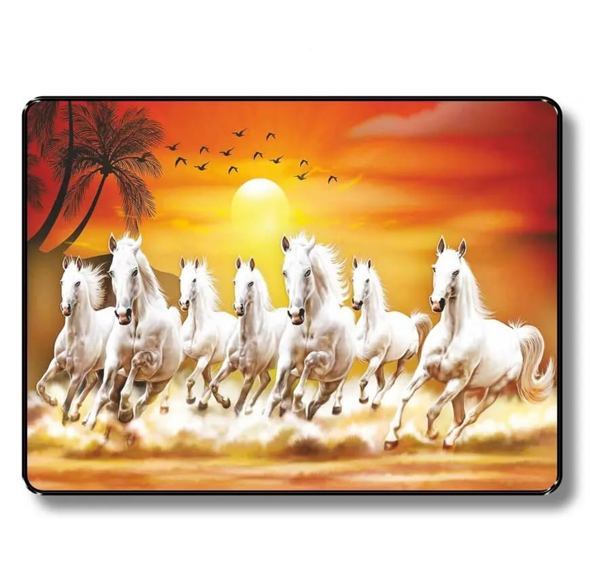 7 Running White Horses Wall Art – Black Frame Sunset Landscape Painting for Home & Office – Vastu-Inspired MDF Board Décor for Positive Energy & Success – 11 x 14 Inch
