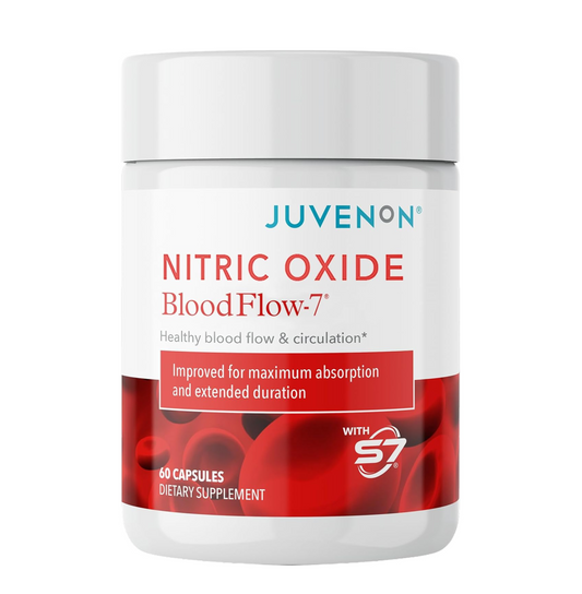 Supplement container labeled 'Juvenon Nitric Oxide BloodFlow-7' on a white background