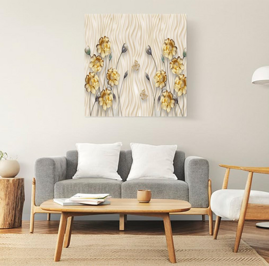 Printed Framed Canvas Painting for Home Decor Office Wall Studio Wall Living Room Decoration (22x22inch Wrapped) - Golden Flowers 3D Design