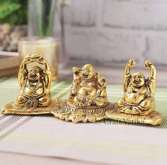 Metal Laughing Buddha Statue for Money, Wealth, Fengshui Vastu and Good Luck (Golden, 7.5 Inches Length x 2.8 Inches Height x 3 Inches Width), Idol