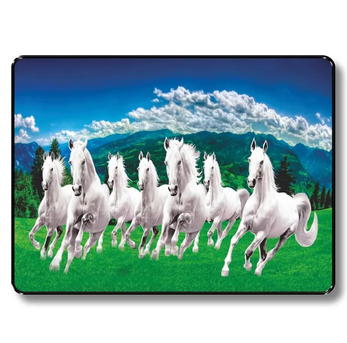 7 Running White Horses Wall Art – Black Frame Sunset Landscape Painting for Home & Office – Vastu-Inspired MDF Board Décor for Positive Energy & Success – 11 x 14 Inch