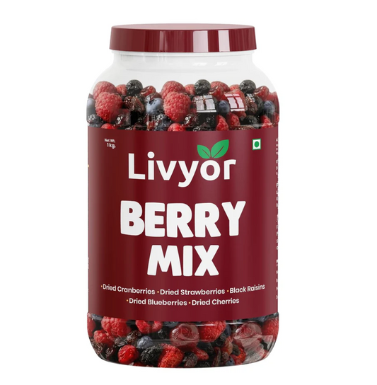 Livyor 5 in 1 Berry Mix for eating - 1kg | Good Source of Fibre | Dried Cranberries | Black Raisins | Cherries | Blueberries | Strawberries | Berry Blast | Berries dry fruits | Berries fresh | Pack of 1