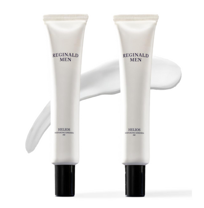 Two white tubes of 'Reginald Men' Helios cream on a white background