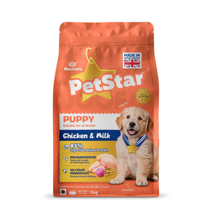 PetStar Puppy Dog Food, Chicken & Milk, 1 kg | High Protein Formula for Growing Puppies | DHA for Brain Development | Supports Immunity, Digestion & Strong Bones